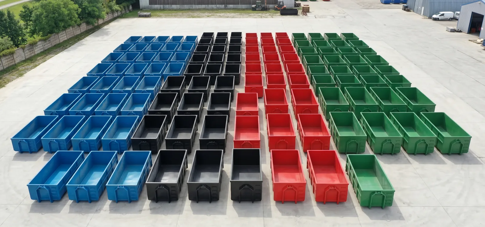 Hooklift containers at manufacturing facility aerial view